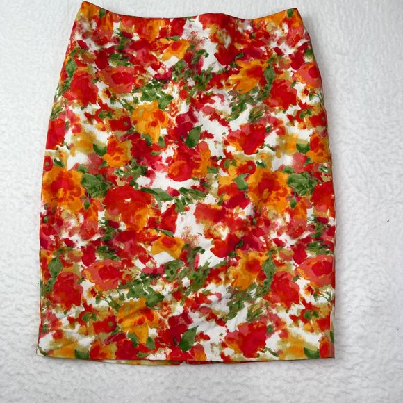 Forever 21 Flowered Pencil Mini Skirt Sz 2 Orange Yellow Green Pink Cotton Lined - Picture 2 of 8